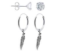 ENTREPLATA Set de un par de Pendientes de Plata de Ley 925 de Brillante Circonita 5 mm. y Par de Aros con Colgante Pluma. Unisex. Aretes Criollas con Colgante Pluma y Circonita de 5 mm.