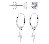 ENTREPLATA Set de un par de Pendientes de Plata de Ley 925 de Brillante Circonita 5 mm. y un Par de Aros con Colgante Rayo. Unisex. Aretes Criollas con colgante Rayo y Circonita de 5 mm.