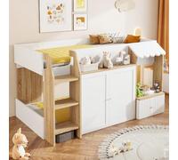 Entresuelo infantil de 90 x 200 cm con estante y escalera - Madera maciza de media altura, color madera y blanco (sin colchón)