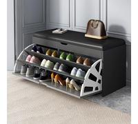 Entryway Shoe Bench with Cushion Wood Storage Cabinet Hidden Shoe with Flip Drawer Free Standing Shoe Storage for Hallway Stylish Black Design (80x30x50cm)