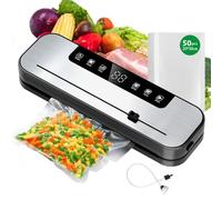Envasadora al vacío 7 en 1 con cortador integrado, temporizador digital LED y aspiradora de alto rendimiento, sistema de retención de alimentos secos/húmedos, incluye bolsas de vacío (carne, verduras