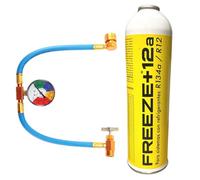 Envase Freeze +12A + manómetro de carga facil Gas Refrigerante Orgánico Ecológico, compatible con R134A R12, Envase Desechable 1000ml, peso NETO 420g para sistemas de aire acondicionado de automóviles