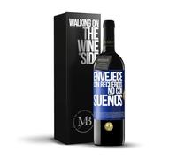 «Envejece con recuerdos no con sueños» Mensaje en una Botella. Vino Tinto Premium Reserva 12 Meses + Gift Box. Etiqueta Azul PERSONALIZABLE