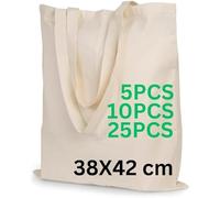 Enviroflex Bolsas de Asas Premium de Lona 100% Algodón, Bolsas de Compra Sostenibles, Ecológicas y Reutilizables con Asas Largas, 38x42 cm (Paquete de 5, Natural)