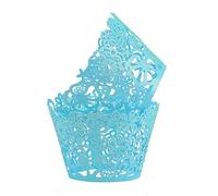 Envoltorios de encaje para magdalenas, papel cortado con láser, para decoración de Navidad, boda, fiesta de cumpleaños, 50 unidades (azul cielo)
