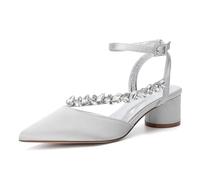 ENWIND Bombas para Mujer Medio tacón Bloque Sandalias de Novia con Hebillas y Tiras en la Parte Puntera Cerrada Cristali Zapatos de Bodas y Fiestas,Plata,40 EU