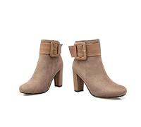 ENWIND Botas de Tobillo Redondas para Mujeres Botas de tacón Grueso Botas de Combate de la Cremallera Hebilla de Invierno Botines Calientes,Apricot,39 EU