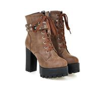 ENWIND Botas Militares Mujer Botines de Tacón Alto Plataforma Moda Invierno Botas Cortas con Cordones y Cremallera,Marrón,44 EU