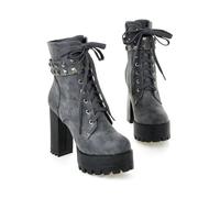 ENWIND Botas Militares Mujer Botines de Tacón Alto Plataforma Moda Invierno Botas Cortas con Cordones y Cremallera,Gris,35 EU