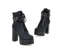 ENWIND Botas Militares Mujer Botines de Tacón Alto Plataforma Moda Invierno Botas Cortas con Cordones y Cremallera,Negro,36 EU