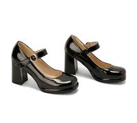 ENWIND Mujer Bombas con Correa Talón Grueso Plataforma Punta Cuadrada Zapatos Mary Jane para Fiesta Boda,Negro,40 EU