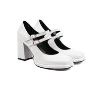 ENWIND Mujer Punta Cuadrada Zapatos Mary Jane Charol Correa De Tobillo Plataforma Bombas Tacón Ancho Zapatos de Trabajo,Blanca,38 EU