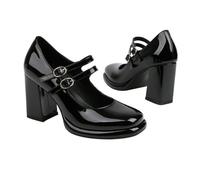 ENWIND Mujer Punta Cuadrada Zapatos Mary Jane Charol Correa De Tobillo Plataforma Bombas Tacón Ancho Zapatos de Trabajo,Negro,35 EU