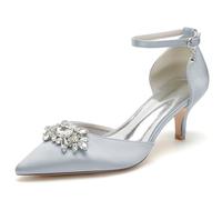 ENWIND Mujeres Tacón Bajo Extremo Cerrado Tirantes Rhinestone Correa de Tobillo Boda Gatito Tacones,Plata,39 EU