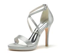 ENWIND Sandalias De Tacón Alto para Mujer Punta Abierta Elegante Tacon Fino Zapatos De Fiesta De Boda con Plataforma Y Correa Cruzada,Plata,40 EU