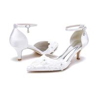 ENWIND Zapatos De Novia con Tacón De Bajo Punta Cerrada Tacón De Gatito Zapatos De Boda para Mujer con Correa Al Tobillo,Marfil,37 EU