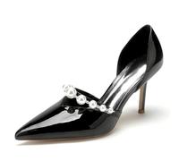 ENWIND Zapatos de Salón Mujer Charol Agujas Tacones Altos Zapatos de Vestido de Boda con Punta Puntiaguda y Perla para Novia,Negro,40 EU