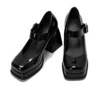 ENWIND Zapatos Mary Jane de Punta Cuadrada para Mujer Plataforma Gruesos Zapatos de Vestir de Charol,Negro,39 EU