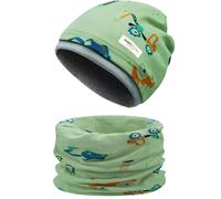 Enwokran Conjunto de Gorro y Bufanda para Niños y Niñas 3 a 8 Años Beanie Sombreros Lindos Bufanda Tubular Conjunto Patrón de Dibujos para Otoño Invierno Primavera (Camión-Verde claro)