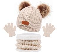 Enwokran Conjunto de Guantes de Bufanda de Gorro de Invierno para Niños,Caliente Sombrero de Punto Beanie Gorros Térmico con Bufanda Guantes Forro Polar Set para Niña y Niños 2-6 Años (Beige)