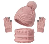 Enwokran Invierno Sombrero Bufanda Guantes Mujuer Set 3 en 1,Gorro de Cálido Calentador de Cuello Punto Gorro de Vellón con Pompón Pantalla Táctil Mitones (Rosa)