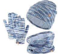 Enwokran Niños Conjunto de Bufanda Gorro Guantes, Forro Polar Beanie Gorro Sombrero Cálido con Pompon,Alta Elasticidad Bufanda,Guantes Tactiles de Alta para Niños Niñas 5-12 Años (Mezcla Azules)