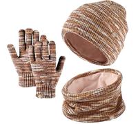 Enwokran Niños Conjunto de Bufanda Gorro Guantes, Forro Polar Beanie Gorro Sombrero Cálido con Pompon,Alta Elasticidad Bufanda,Guantes Tactiles de Alta para Niños Niñas 5-12 Años (Mezcla Marrone)