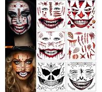 ENYACOS 5 hojas de tatuajes faciales de Halloween + 1 hojas cicatrices tatuajes, esqueleto zombi payaso diablo y bruja tatuaje cara, tatuaje de boca de Halloween, accesorios de maquillaje de Halloween