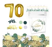 EOAMGO 20 servilletas Happy Birthday+100 unidades confeti cumpleaños oro verde+32 pulgadas oro 70 años globos con números antiguos+1 pieza 130 x 220 cm eucalipto mantel desechable cumpleaños (70)