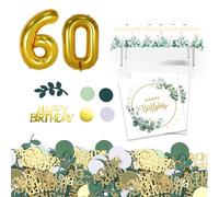 EOAMGO Decoración de mesa de cumpleaños, 20 servilletas Happy Birthday+100 confeti cumpleaños oro verde+32 pulgadas oro 60 años globo con números antiguos+1 pieza 130 x 220 cm eucalipto mantel