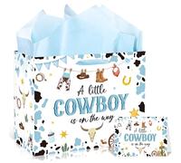 EoBeCy A Little Cowboy is On The Way - Bolsas de regalo para baby shower para niños, bonita bolsa de regalo para bebé con papel de seda y tarjeta de felicitación, papel de regalo occidental para baby