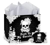 EoBeCy Bolsa de regalo de 30 cumpleaños, bolsas de regalo de Death to My Twenties con asas, papeles de seda y tarjeta, papel de regalo de calavera de flores negras para decoración de cumpleaños de los
