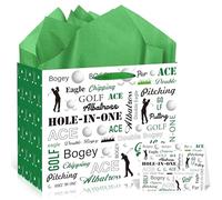 EoBeCy Bolsa de regalo grande de golf: bolsas de regalo de golf verdes con asas, papel de seda y tarjeta de felicitación, bolsa de regalo de cumpleaños para hombres, mujeres, niños, golfistas, regalos