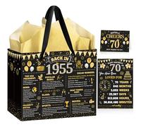 EoBeCy Bolsas de regalo de 70 cumpleaños para hombres y mujeres, bolsa de regalo con papel de seda, póster y tarjeta de felicitación, papel de regalo negro dorado para decoraciones de cumpleaños de 70