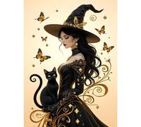 EOBROMD Bruja Pintura de Diamantes Halloween, 5D Gato Negro Diamond Painting Kits for Adults, Manualidades Adultos DIY Cristal Pintura Diamante, Cuadro Diamantes para Decoración del Hogar 30x40cm