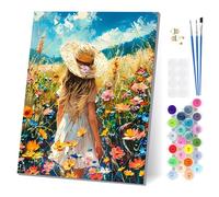 EOBROMD Chica con Sombrero de Paja Pintar por Numeros Adultos con Marco, Cuadros para Pintar por Numeros Flores, Lona sin Pliegues Pintura al Cuadros por Numeros, Decoración del Hogar 30x40cm