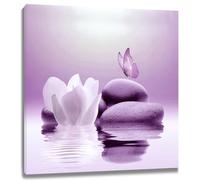 EOBTAIN Lienzo enmarcado Zen morado para pared, diseño de lirio de agua y mariposa en el lago, arte cuadrado para pared, baño, sala de estar, dormitorio, yoga, spa, moderno, espiritual, decoración de