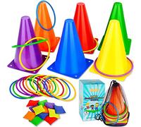 Eocolz Juego de Juegos de Carnaval 3 en 1, Conos de plástico Suave, Bolsas de Frijoles, Juegos de Lanzamiento de Anillos para niños, Fiesta de cumpleaños, Juegos al Aire Libre, Suministros de 32