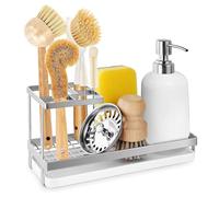 EOFJRUC Soporte de esponja para fregadero de cocina, organizador de fregadero de acero inoxidable con soporte de cepillo alto, organizador dispensador de jabón plateado con bandeja de drenaje a prueba