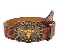 Eohak Cinturón de piel sintética Western para hombres y mujeres, vaquera, diseño de toro, hebilla grabada, cinturón unisex, marrón, Für 91-102 cm Taille