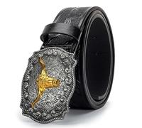Eohak Cinturón de vaquero occidental para hombre, cinturón de hebilla con patrón de toro largo con cinturones de piel sintética en relieve floral, Negro -, M