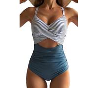 Eomenie Traje de baño de una Pieza para Mujer, con Control de Barriga, Cintura Alta, con Lazo en la Espalda, Traje de baño de 1 Pieza, Raya Azul, XS