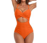 Eomenie Traje de baño de una Pieza para Mujer, Cuello en V Profundo, con Volantes, Monokini Acolchado, Naranja-1, S