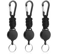 EOPUOZS Llavero Retráctil 3 Piezas, Cable de Acero Inoxidable 60cm con Mosquetón Resistente, Carrete Extensible ABS para Llaves, Tarjetas de Identificación y Credenciales (Negro)