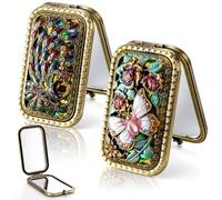 Eorbow 2 espejos de maquillaje plegables vintage, espejo de bolsillo portátil para cosméticos, espejo de tocador de doble cara con mariposa de pavo real, espejo de viaje compacto de metal pequeño