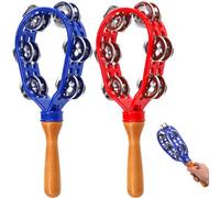 Eorbow Paquete de 2 panderetas para adultos, pandereta de mano de doble fila de metal, instrumento de percusión de mano de madera de plástico, campanas musicales para fiestas escolares, conciertos de