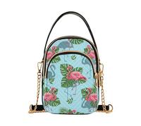 EOSDT Bolso bandolera para mujer, diseño de flamencos rosados, hojas verdes, azul, con correa de cadena, acolchado, para teléfono celular, bolso cruzado para mujer