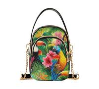 EOSDT Bolso de mano para mujer, diseño de pájaros tropicales, hojas de loro, bolso acolchado para teléfono celular, correa de cadena, bonita cremallera