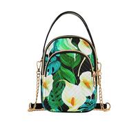 EOSDT Bolso de un solo hombro acolchado con correa de cadena para teléfono, bolso de mano divertido con cremallera, bolso de mano para mujer, floral, blanco, lirios de cala, palma verde