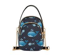 EOSDT Lindas ballenas azules negras de un solo hombro para mujer, bolsas de teléfono con correa de cadena, estampado floral con cremallera, bolsa cruzada de 5.9 x 8.3 x 3.1 pulgadas